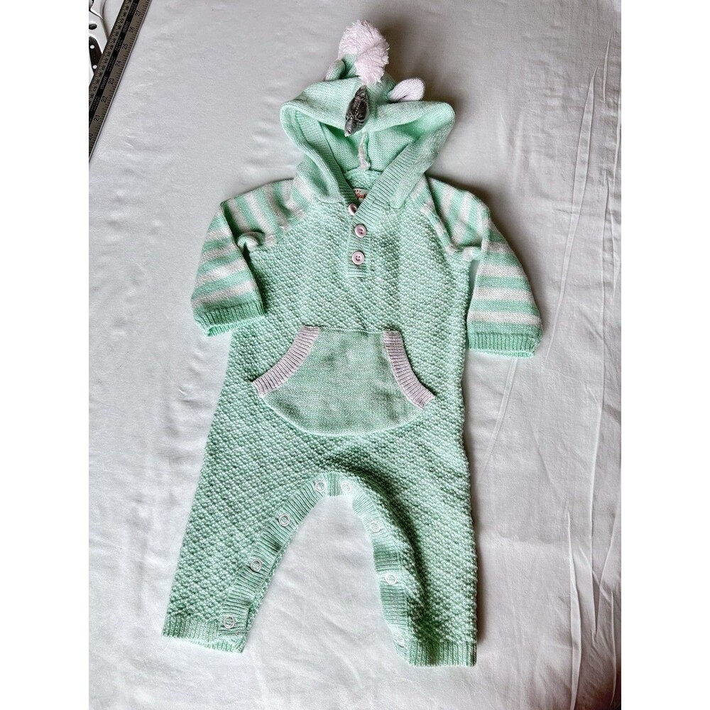 Cat & Jack Unicorn Hooded Knit Romper One-Piece Mint Green Striped 0-3 Months